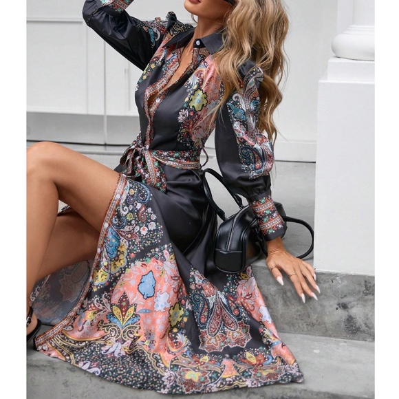Luxe Satin Floral Print Button Down Belted Long Sleeve Dress